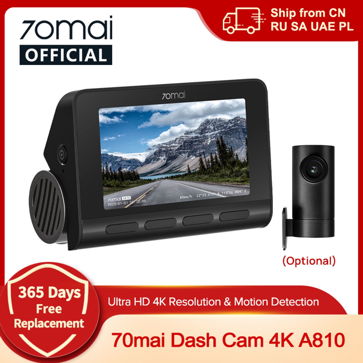 70mai A810 4K 2-Channel Front and Rear Dash Cam with GPS