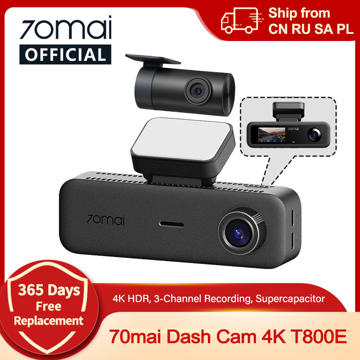 70mai T800E 3-Channel 4K Dash Cam with GPS